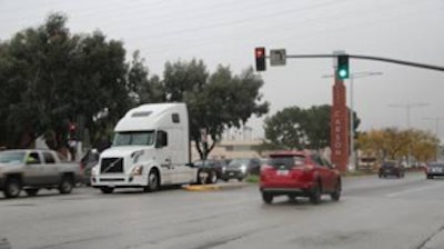 Volvo VNL equipped with prototype Eco-Drive technology during testing near the San Pedro Bay ports in Southern California.