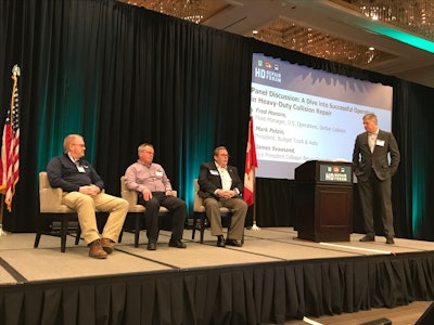 Fred Honore, Mark Polzin and James Svaasand participated in Wednesday’s panel discussion at the HD Repair Forum in Fort Worth, Texas.