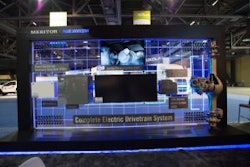 Meritor’s electric powertrain display layout at ACT shows components from front wheels to rear. (Credit: ACT Expo 2019)