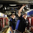 Two students learning in the new diesel and heavy truck pathway at Duncan Polytechnical Career Pathways High School in Fresno, Calif.
