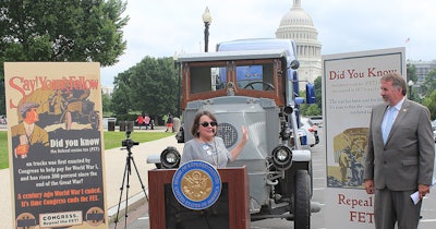 ATD Chairwoman Jodie Teuton speaking at the Modernize the Truck Fleet Press event in Washington D.C. She is joined by Doug LaMalfa, (R.-Calif.), who sponsored H.R. 2381, a bill to repeal FET.