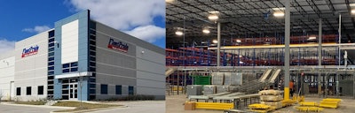 FleetPride’s distribution center in Elgin, Ill. The facility has a three-tier mezzanine and sorting conveyor system. (Click to enlarge image.)