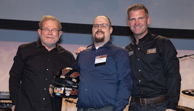 Rusty Rush, chairman, CEO, president, Rush Enterprises (from left), Justin Euler, NASCAR driver Clint Bowyer. Credit: Erik Fossum