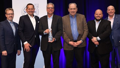 Chris Jagnow, regional fleet manager, Central Region, Volvo Trucks North America (left to right); Peter Voorhoeve, president, Volvo Trucks North America; Ron Meyering, CEO, M&K Truck Centers; Kevin Murtha, executive vice president, sales, M&K Truck Centers; Anthony Gargano, vice president, sales, M&K Truck Centers; Jeff Lester, senior vice president, sales, Volvo Trucks North America.