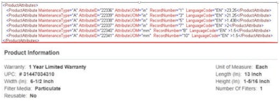 Above is what the pure Product Attribute database (PAdb) file would look like for a supplier to populate. Below is an example of how that file might translate to catalog or e-commerce site for customers to view. (Click to enlarge.)