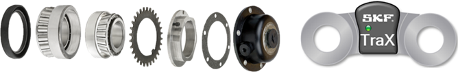An assorted of SKF wheel-end bearing components.