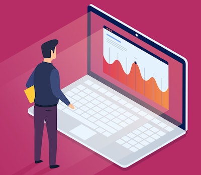 Graphic Of Man Looking At A Chart On A Laptop