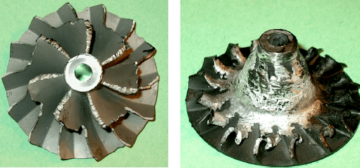 Severe compressor wheel damage caused by a foreign object in the turbocharger. Source: BorgWarner