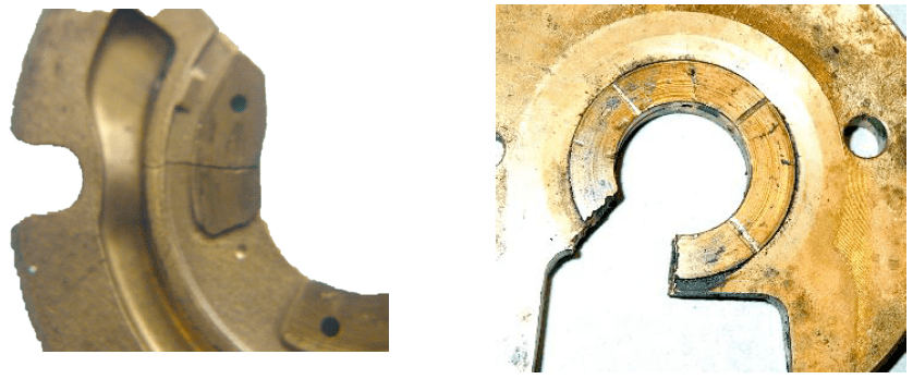 Thrust bearing pads that are cracked or worn indicate loss of oil film and excessive heat. Source: BorgWarner