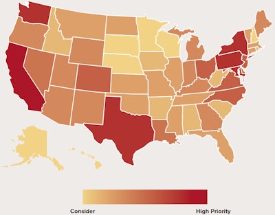 The NACFE report identifies five high-priority regions for regional haul electric truck deployments.