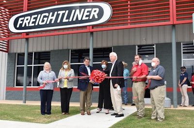 Debra Riley, Chambers County Commissioner (from left to right); State Rep. Debbie Wood; Jerry Kocan, Four Star Freightliner dealer principal; Nancy Kocan; Valley Mayor Leonard Riley; Cedric McKenzie, Four Star Freightliner Valley service manager; and Ricky Smith, Four Star Freightliner Valley parts manager.
