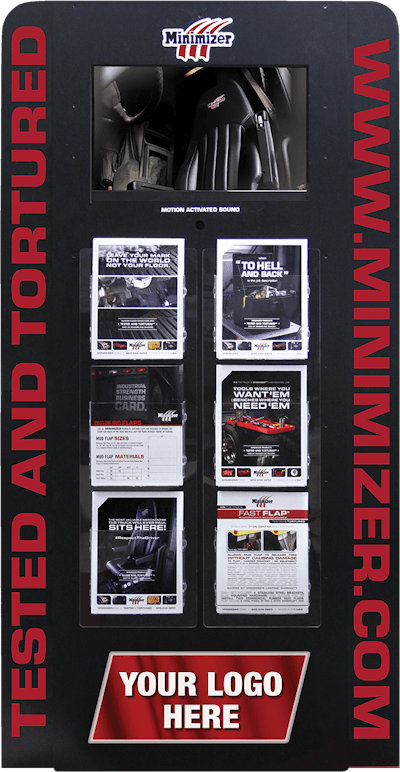 Minimizer offers a floor-standing kiosk with a monitor and space for product flyers.