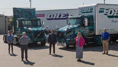 Volvo Trucks North America delivers first Volvo VNR Electric Class 8 trucks to customer Dependable Highway Express. From left to right: Aravind Kailas, advanced technology policy director, Volvo Group North America; Troy Musgrave, director of process improvement, Dependable Highway Express; Joe Finney, chief operating officer, Dependable Highway Express; Janice Rutherford, county supervisor, San Bernardino County and South Coast Air Quality Management District board member; Mike Reardon, general manager, TEC Equipment. (Click to enlarge.)