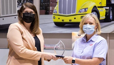 Jessica Rogers, director of economic development at the City of Denton (left) and Tina Albert, Peterbilt Denton plant manager.
