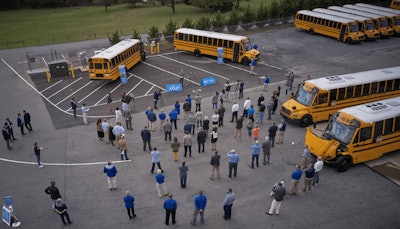 Representatives from Thomas Built Buses, Proterra, Dominion Energy, Sonny Merryman and the Commonwealth of Virginia gather to celebrate the delivery of the first group of Saf-T-Liner C2 Jouley electric school buses delivered to Virginia schools as part of phase one of Dominion Energy’s Electric School Bus Initiative.