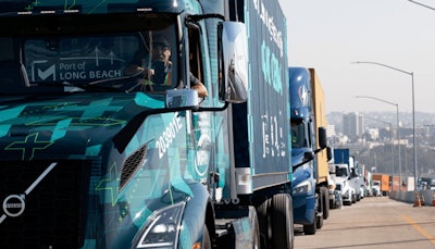 A Volvo VNR Electric recently led a clean-energy truck parade of Southern California fleet operators to commemorate the opening of the new Port of Long Beach bridge.