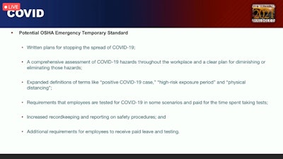 An example of possible OSHA standards that could be enacted to combat COVID-19 in the workplace from MEMA’s Ann Wilson.