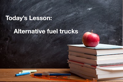 Today's Lesson: Alternative fuel trucks on a chalkboard behind a stack of books with an apple