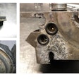 Bendix Tech Tip images of air dryer corrosion (left) and air dryer purge valve corrosion (right).