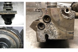 Bendix Tech Tip images of air dryer corrosion (left) and air dryer purge valve corrosion (right).