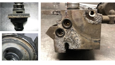 Bendix Tech Tip images of air dryer corrosion (left) and air dryer purge valve corrosion (right).
