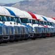 Line of parked semi trucks