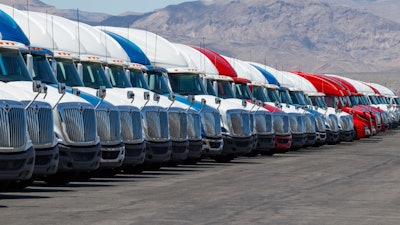 Line of parked semi trucks