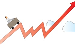 up and down red arrow with man in cart riding on line