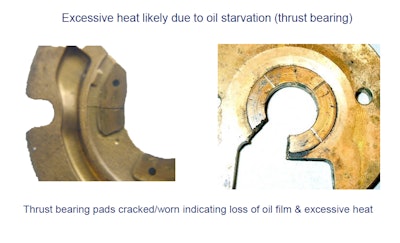 thrust bearing pads that are cracked and worn caused by excessive heat and loss of oil film