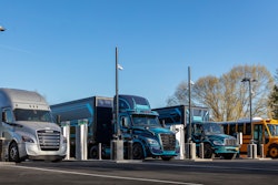 The Freightliner eCascadia and eM2, and Thomas Built Buses Saf-T-Liner C2 Jouley at Electric Island.