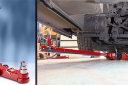 Two photos side by side. A jack by itself and one under a truck.