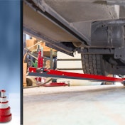 Two photos side by side. A jack by itself and one under a truck.