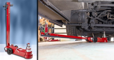 Two photos side by side. A jack by itself and one under a truck.