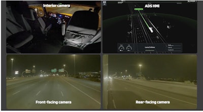 Different camera views of TuSimple autonomous truck on the road.