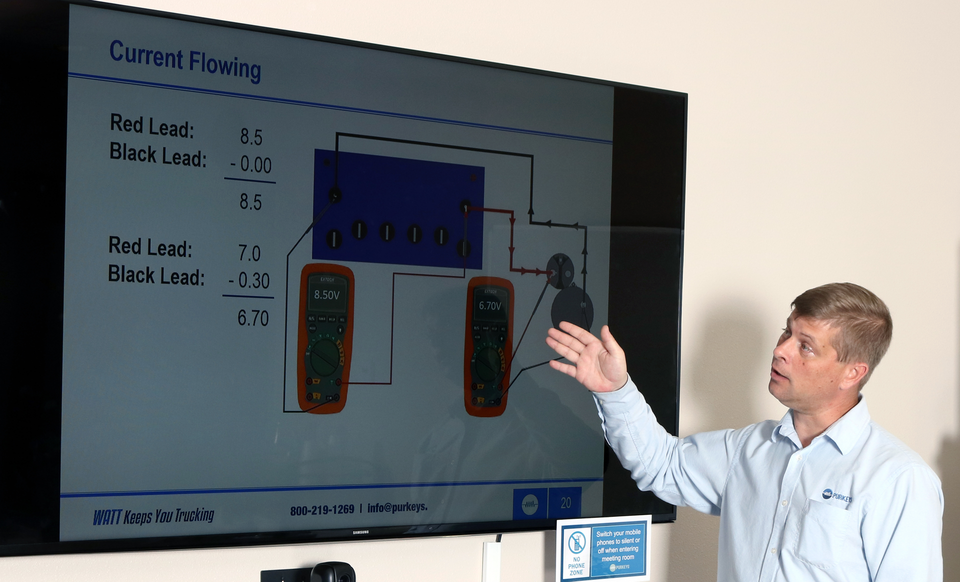 Larry Rambeaux, Purkeys sales application engineer, gives technical advice for using a multimeter.