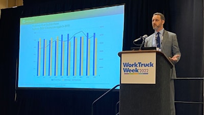 Andrej Divis with IHS Markit presents Tuesday at the Work Truck Show in Indianapolis.