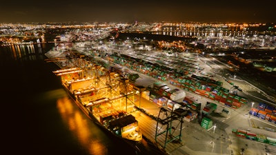 Aerial shot of the Port of Los Angeles at night