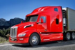 Red Peterbilt Model 579 on the highway