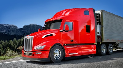 Red Peterbilt Model 579 on the highway