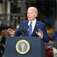 President Joe Biden speaks at a Volvo Trucks facility in Hagerstown, Md.
