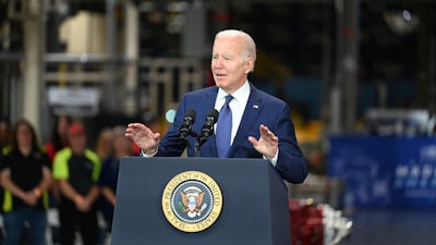 President Joe Biden speaks at a Volvo Trucks facility in Hagerstown, Md.