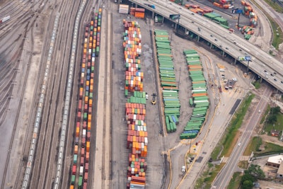 An overhead shot of a railway yard.