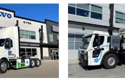Two trucks, side by side, one a tractor and one a garbage truck.