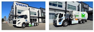 Two trucks, side by side, one a tractor and one a garbage truck.