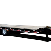 A large black trailer with wood decking.