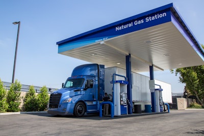 Blue Freightliner Cascadia with Allison transmission at fuel pump