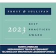 A logo reading Frost & Sullivan 2023 Best Practices Award, North American Medium/Heavy Truck Aftermarket Technology Innovation Leadership Award
