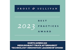 A logo reading Frost & Sullivan 2023 Best Practices Award, North American Medium/Heavy Truck Aftermarket Technology Innovation Leadership Award