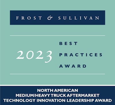 A logo reading Frost & Sullivan 2023 Best Practices Award, North American Medium/Heavy Truck Aftermarket Technology Innovation Leadership Award