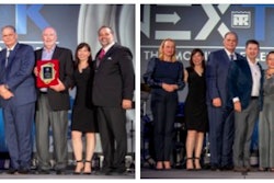 Two groups of people standing on a stage holding up awards.